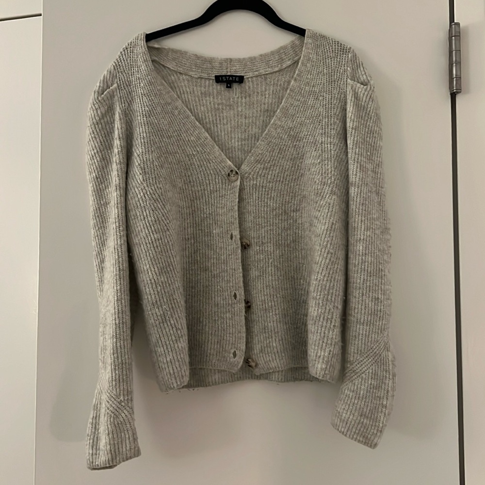 1 State Gray Cardigan Sweater with Buttons. Rouging on shoulders. Size small